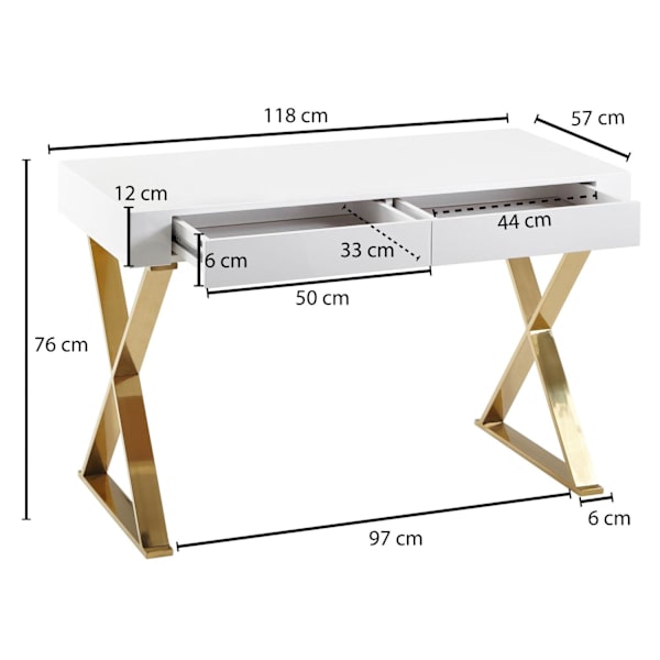 Rootz työpöytä 118x76x57 cm puiset korkeakiiltoiset valkoiset metallijalat kultaiset - Design tietokonepöytä PC pöytä moderni toimistopöytä - Konsolip