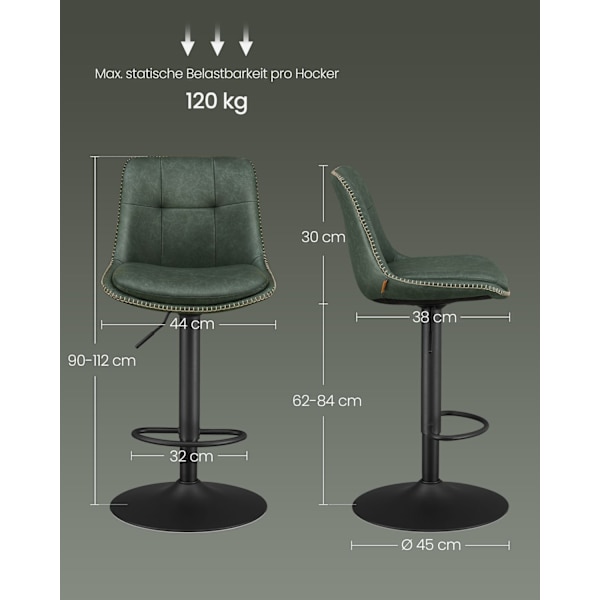 Rootz Forest Green PU Barstolar - Bänkstolar - Vridbara säten - Förkromat stål - Skumstoppning - Justerbar höjd - Ergonomisk design - 44cm x 48cm x (9