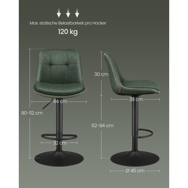 Rootz Forest Green PU barstole - Bordskamler - Drejelige sæder - Forkromet stål - Skumpolstring - Justerbar højde - Ergonomisk design - 44cm x 48cm x