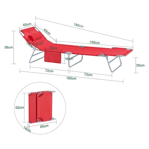 Rootz justerbar strandstol - Trädgårdssäng - Fällbar solstol - Andningsbart tyg - Avtagbar kudde - Sidoficka - Snabbfällbar design - 195cm x 58cm x 63