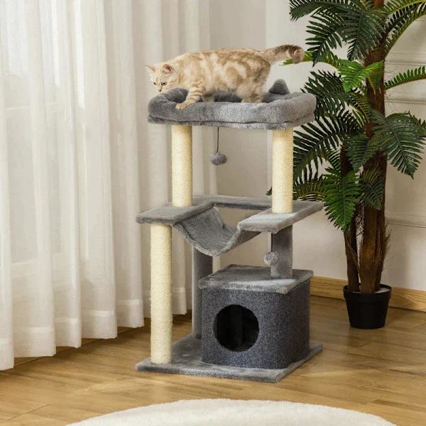 Rootz Cat Tree - Raaputuspylväs riippumatolla - Leikkipuu - Kissaluola - Kissan kiipeilypuu - Pehmo sisal - Harmaa - 48L x 48L x 90K cm