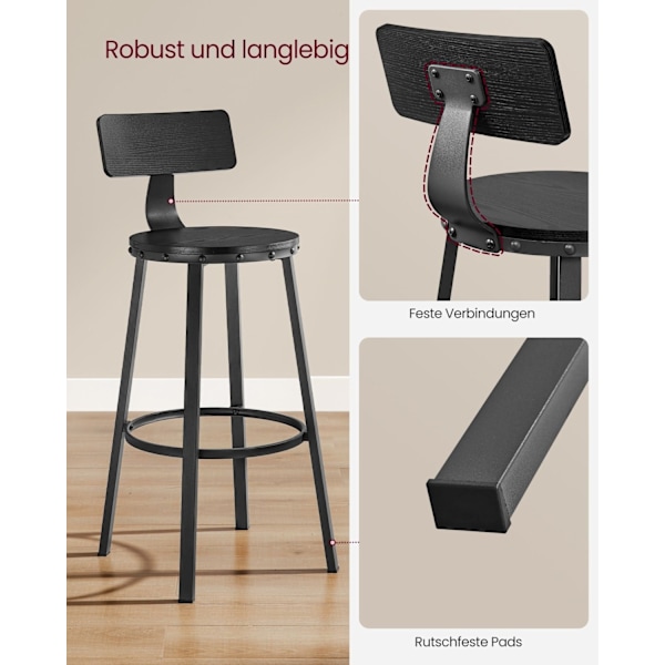 Rootz Industrial Design Barstol Sæt med 2 - Ibenholtsort - Spånplade, Stål - Bordstole - 54 cm x 99 cm - 37 cm Sæde - 73 cm Højde