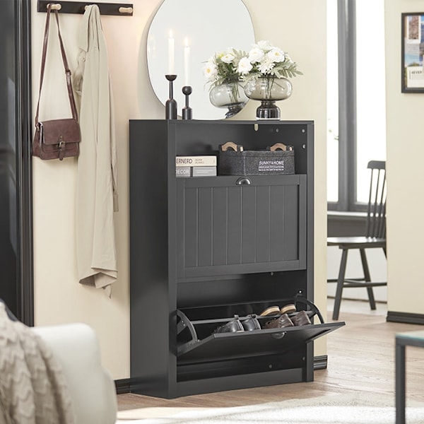 Rootz Skoskåp med 2 flikar - Skokipper - Skobyrå - Robust MDF-konstruktion - Extra förvaringsfack - Väggfäst - 80cm x 110cm x 24cm - Svart