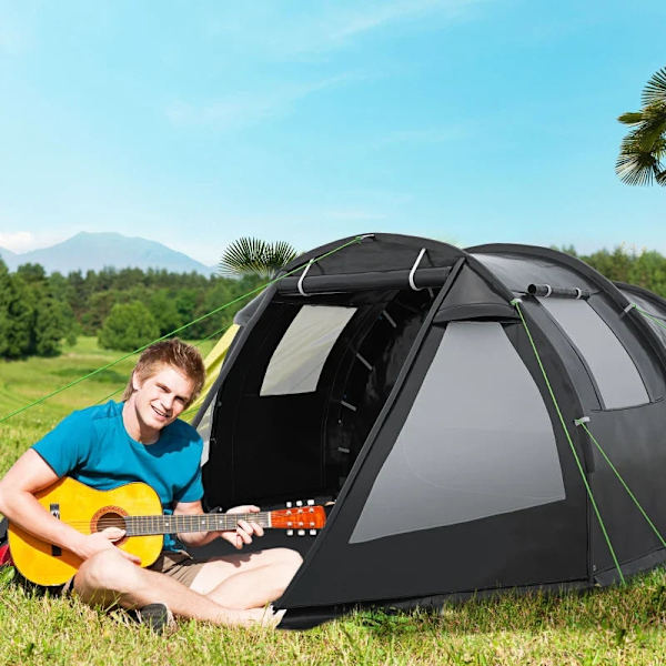 Rootz Campingtält - Väderbeständig - Trekkingstält - 2 rum - Bärbar resväska - UV 30+ Solskydd - Taft 100 % polyester-glasfiber - Svart - 475L x 264W