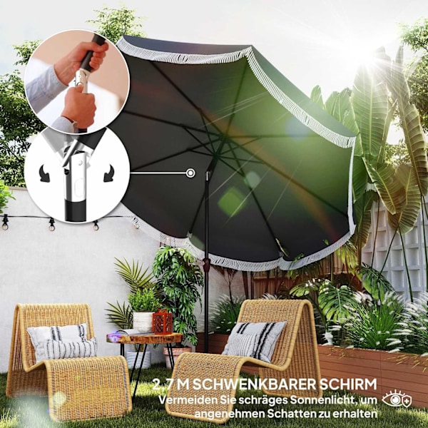 Rootz Ø269CM Parasol - Garden Sunshade - Balkonskærm - UPF 30+ UV -beskyttelse - Ø2.69m x 2,38m - Grå