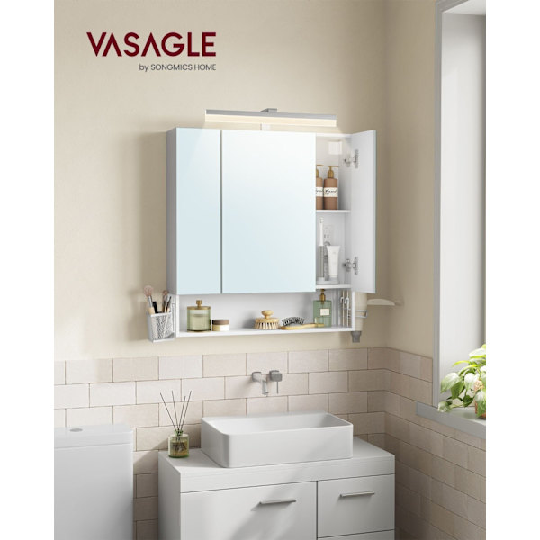 Rootz Badeværelsesskab - Opbevaringsenhed - Organizer - Spånplade - MDF - Metal - Glasspejl - 16,5 cm x 70 cm x 75 cm - Cloud White - 20 kg Kapacitet