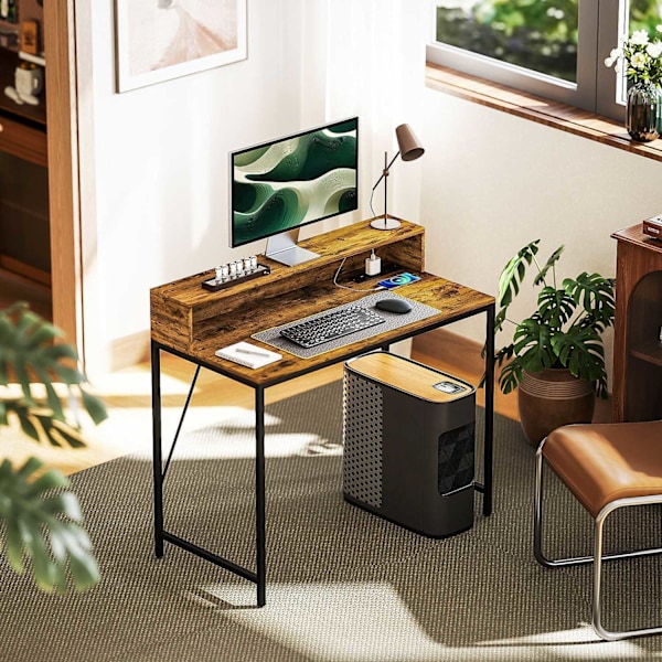 Rootz Computer Table - Pöytä Monitor Alue - Home Office Desk - USB & Type -C -yhteydet - 100L x 50b x 90,5h cm - maalaismainen ruskea