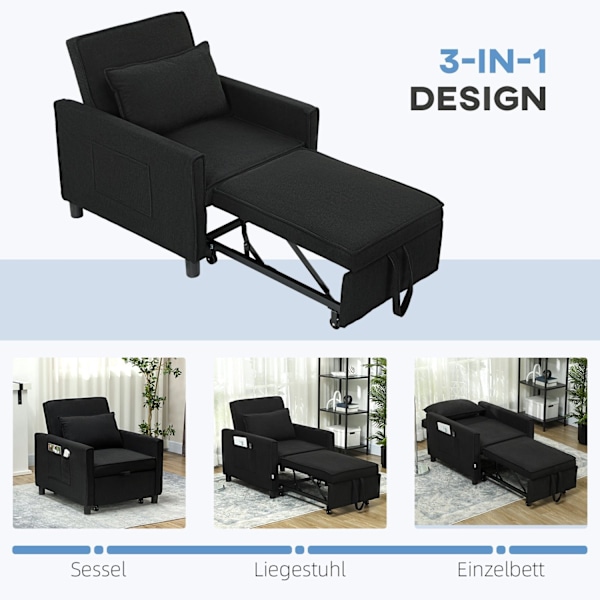 Rootz Justerbar sovende stol - Konvertibel loungestol - Rentliner seng - Komfort 3 position - 74W x 84d x 81H cm - Sort - 120 kg kapacitet