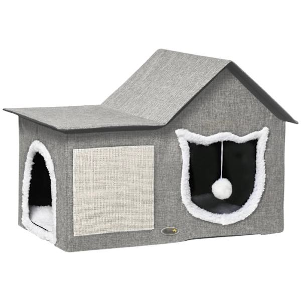 Rootz Katthus med skrapyta - Inklusive lekboll - Cat Cave - Imiterad linne - Brun + Vit + Beige - 65 cm x 41 cm x 45,5 H cm