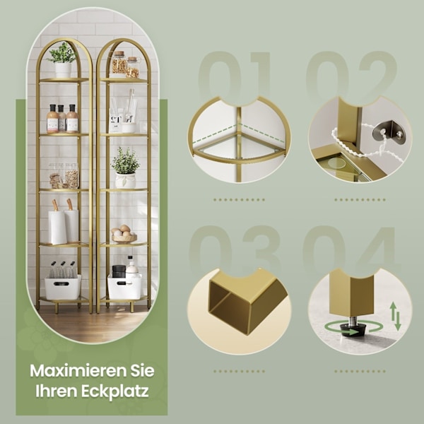 Rootz Corner Shelf Bookhelf - Display Unit - Glass & Metal Shelving - Space -Saving - 28 x 28 x 158 cm