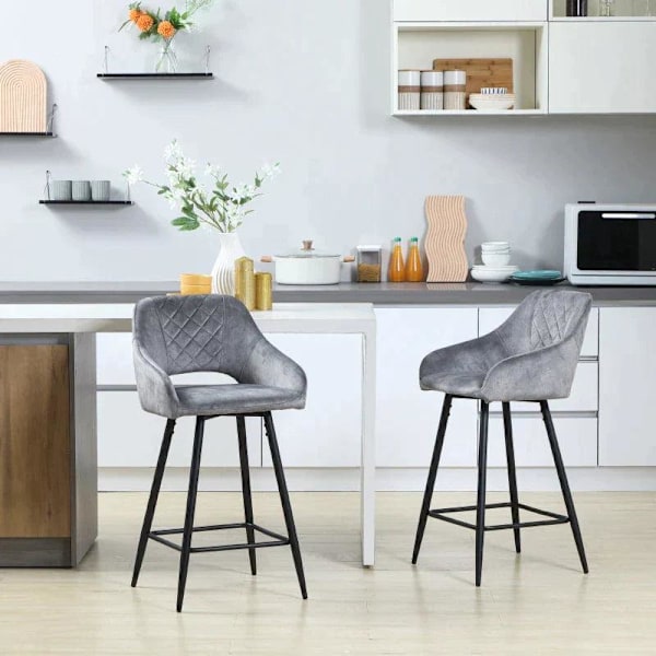 Rootz Set med 2 barstolar i retrodesign - sammetslook - inkl. Fotstöd - Grå - 50 cm x 53 cm x 94 cm
