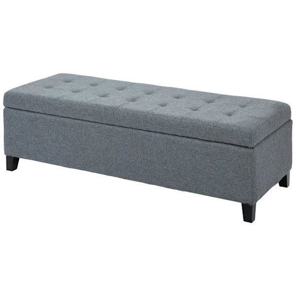 Rootz bænk med opbevaring - osmannisk - gangbænk - knapsyning - imiteret linned - eukalyptustræ - grå - 125,1 cm x 48,9 cm x 41,3 cm