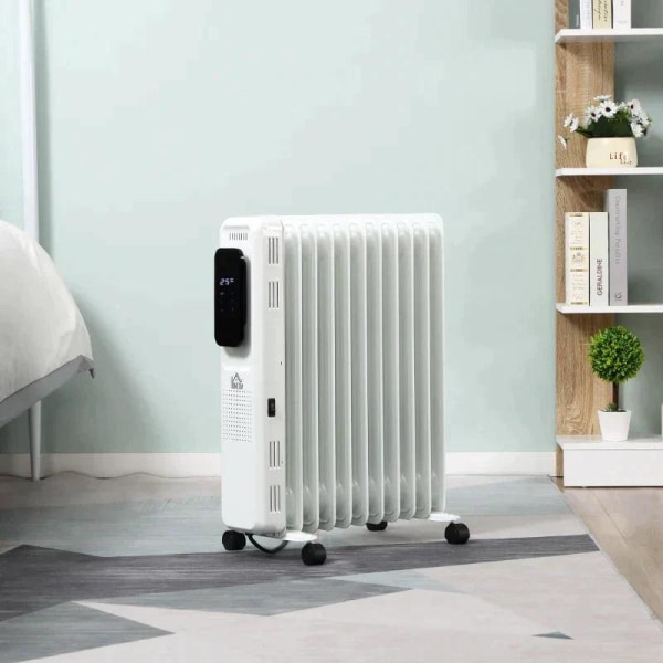 Rootz Oil Radiator - Bärbar elektrisk radiator - 3 värmenivåer - 24-timmars timing Elvärme - 11 värmeplattor med 4 rullar - Vit - 50,5 x 24 x 63 cm