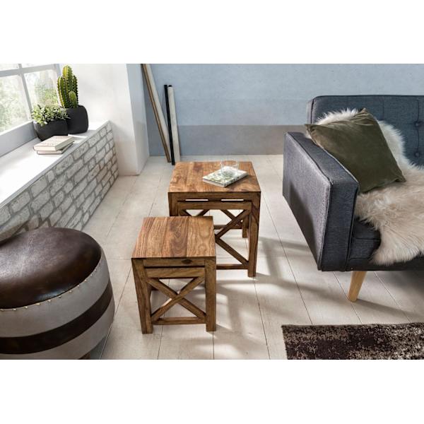 Rootz set med 2 sidobord i massivt trä sheesham vardagsrumsbord design mörkbrunt soffbord i lantlig stil