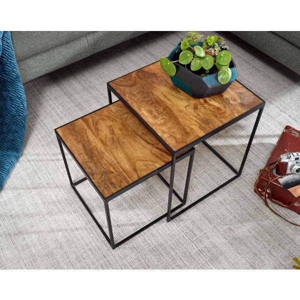 Rootz stuebord sæt af 2 mango massivt træ - metal sidebord firkantet - Design sidebord Industrielt - Sofabord Firkantet sofabord - Dækkeserviet 2-delt