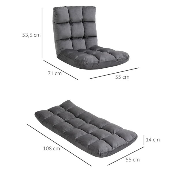 Rootz Fåtölj - Gästmadrass - Golvstol - Justerbart ryggstöd - Velourlook - Sittdyna - Grå - 55 cm x 71 cm x 53,5 cm