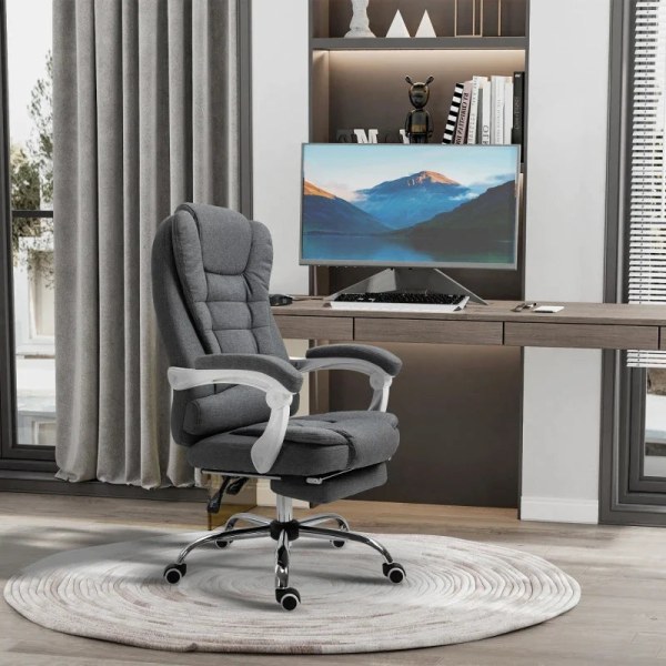 Rootz Kontorstol - Fold-out fodstøtte - Executive Chair - Computer drejelig rullende - Justerbart ryglæn - Task Recliner Home - Linen Look - Grå - 65L