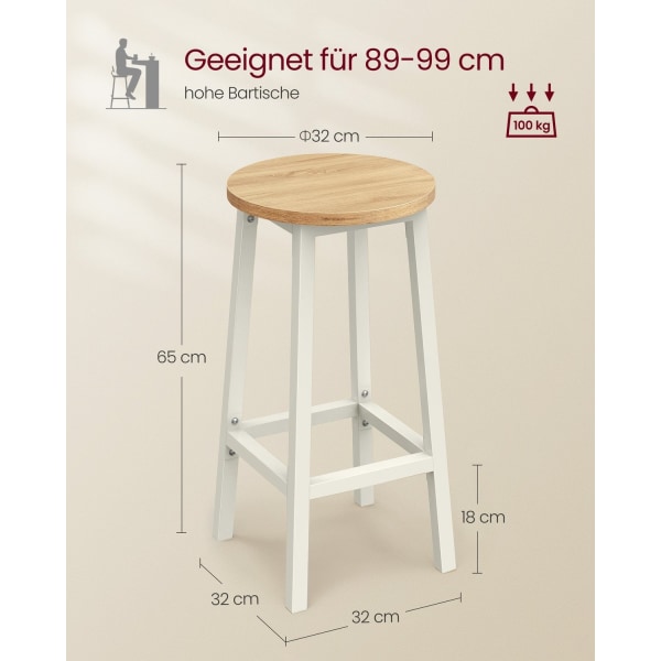 Rootz 2-delt sæt barstole - Køkkenstole - Spånpladestål - Eg Beige-Hvid - 100 kg Kapacitet - Kompakt design - Nem montering - 32cm x 65cm