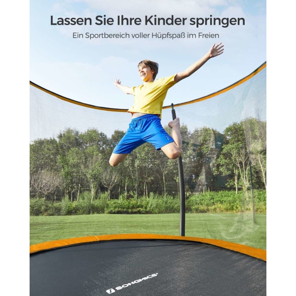 Rootz 305cm studsmatta - Trädgårdstrampolin - Fitnessstudsmatta - Galvaniserad stålram - Skyddsnät - EPE-skumstoppning - 305cm x 76cm - Svart-Orange