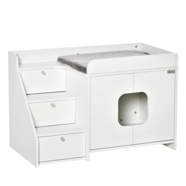 Rootz Cat Cabinet For Cat - Toalett kattlåda med 3 trappsteg - Katthus - Kattgrottor - Kattskåp för katt - Säng med dörröppning - Vit - 90 x 48 x 59 c