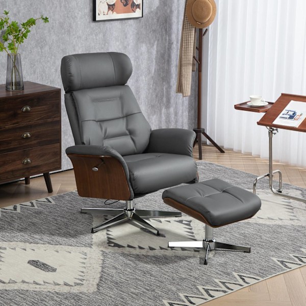 Rootz Relaxation Stol med afføring - Liggende drejestol - Læder Look lænestol - 360 ° Rotation - 80W x 84d x 108H cm