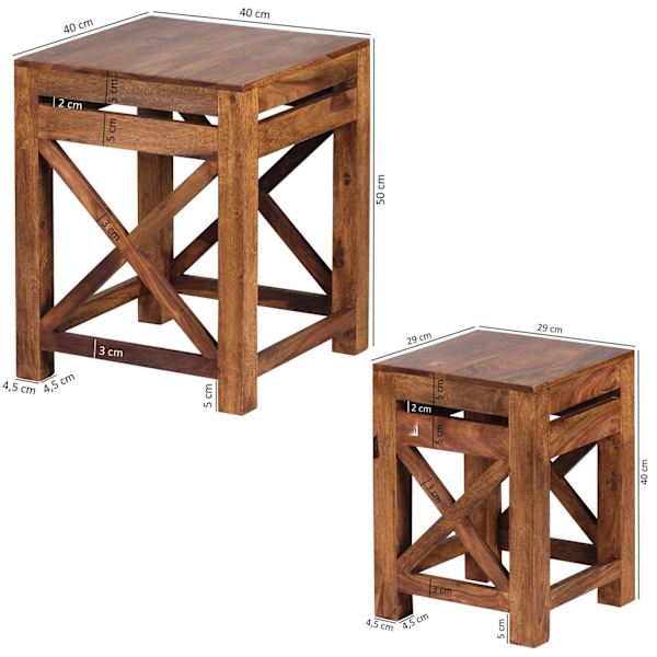 Rootz set med 2 sidobord i massivt trä sheesham vardagsrumsbord design mörkbrunt soffbord i lantlig stil