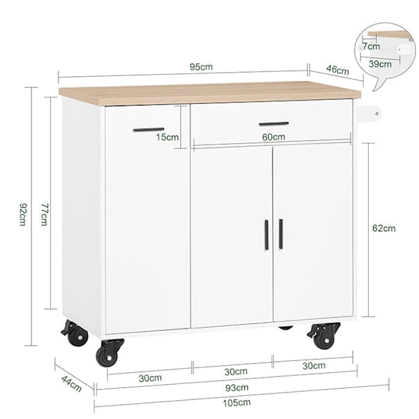 Rootz Kitchen Cart - Rolling Kitchen Island - Mobile Storage -vaunu - Säädettävä hylly - 105x92x46cm