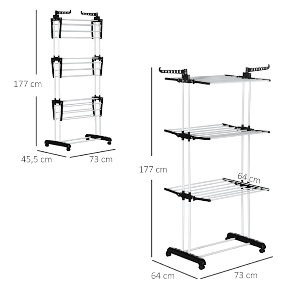 Rootz Airer - Tørrestativ - Vasketøjsstativ - Foldbart design - Høj belastningskapacitet - Mobilitet og stabilitet - 73 cm x 64 cm x 177 cm - Metalram