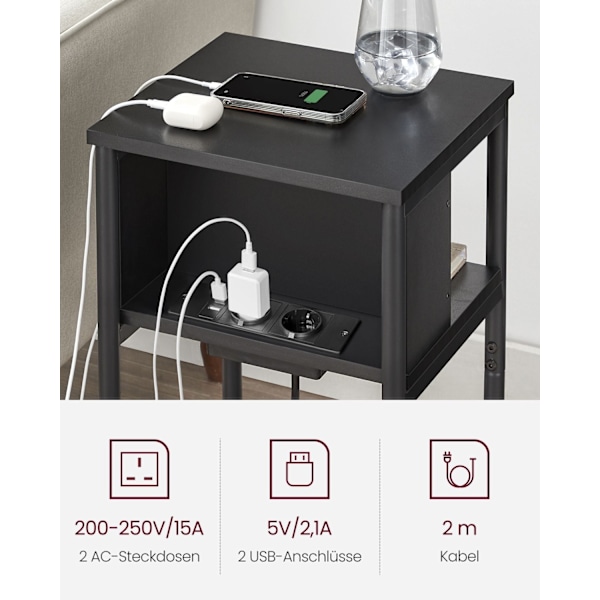Rootz Supplement Side Table - Accent Table - End Table - USB+AC Connections - Black Chipboard & Steel - 30x34x58cm