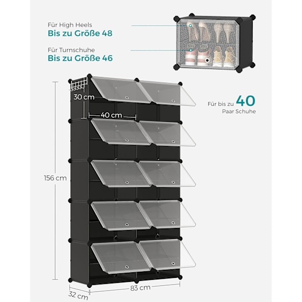 Rootz 10 rum sort opbevaringshylde - Organiseringsstativ - Plastikhylder - ABS-plastik - Stålramme - 32cm x 165cm x 125cm
