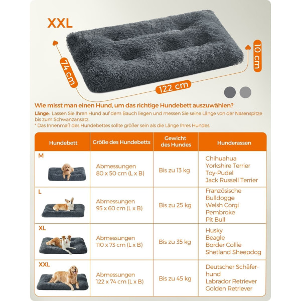 Rootz mørkegrå hundeseng - kæledyrsmåtte - polstret seng - PV plysmateriale - PP-fyld - gummiknopper stof - 122 cm x 74 cm - 10 cm tykkelse - letvægts