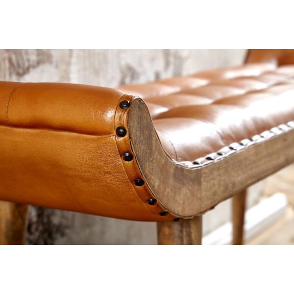Rootz bænk ægte læder - massiv træ bænk brun 125x50x38 cm Chesterfield - Design polstret bænk gang - Læder bænk sengebænk 2 personer - Moderne entre b