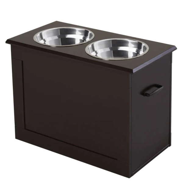 Rootz foderstation - 2 foderskåle i rustfrit stål - Skjult opbevaring - Hvid + Sølv - 60 cm x 30 cm x 41 cm
