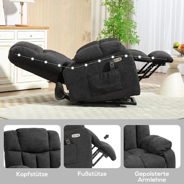 Rootz 2 -i -1 hvilestolstol - tv -lænestol - biografsæde - USB -porte, lommefjedre - 92 cm x 95 cm x 107 cm (lodret) - sort