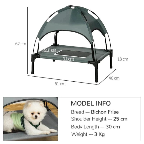 Rootz Pet Bed With Canopy - Raised Dog Bed - Outdoor Dog Lounger With Roof - Breathable - Taffeta Grey - 61 x 46 x 62 cm