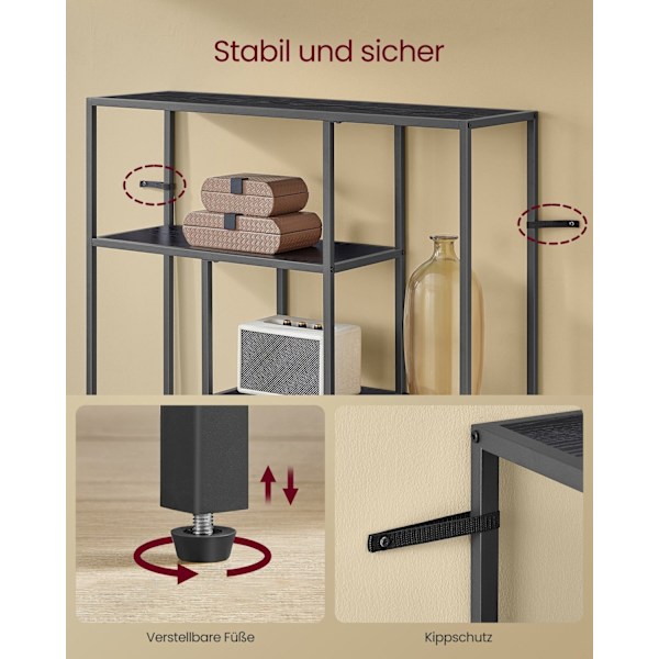 Rootz reol med 4 hylder - Ibenholtsort - Blæksort - Spånplade og stålmateriale - 30 cm x 100 cm x 103 cm - Letvægts - Robust