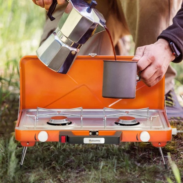 Rootz Gasgrill - Campinggrill - To brændere - Låg - Foldeben - Stål - Orange - 46,5 x 33,5 x 17,4 cm