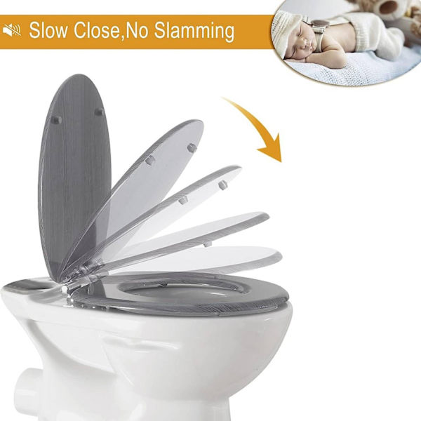 Rootz trætoiletsæde - Blødt lukkende MDF toiletlåg - Antibakteriel finish - Universal O-formet - 43,8 cm x 37,8 cm - Grå træmønster