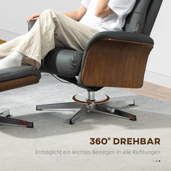 Rootz Relaxation Stol med afføring - Liggende drejestol - Læder Look lænestol - 360 ° Rotation - 80W x 84d x 108H cm