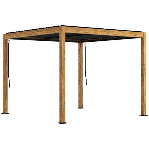 Rootz Pergola - Puutarhapaviljonki - Sälekatto - Käsikampi - Maapiikit - Alumiini - Puu - Alumiini - Musta - Luonnollinen - 297L x 297L x 228K cm