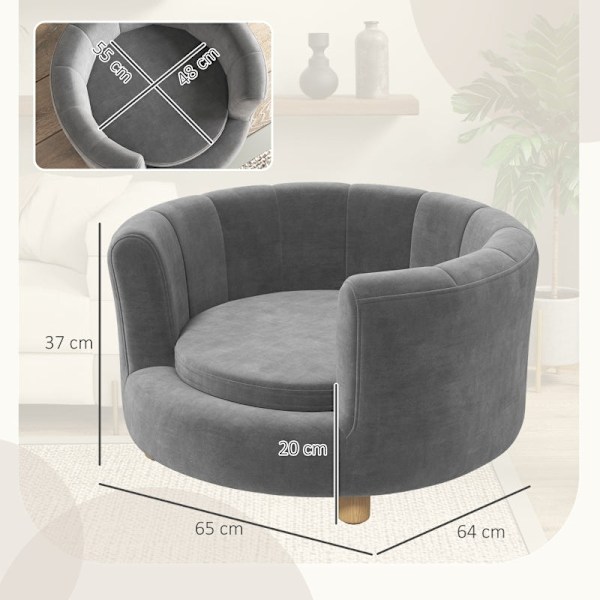 Rootz Pet Bäddsoffa - Hundsoffa - Liten hund- och kattsäng - Flanell Mjukt överdrag - Träben - Fuktsäkert - Avtagbart tvättbart överdrag - Grå - 65cm