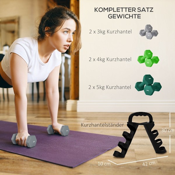 Rootz hanteluppsättning med rack - vikter - fitnessutrustning - hexagonal design - rymdbesparande - 3 kg till 5 kg - hantel 18x8x8cm, rack 42x10x30cm