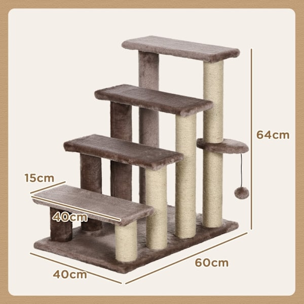 Rootz Cat Tree-Stair Combo - Dyretrapper - Klatrehjælp - Lege- og hvileområde - Kattekradsestolpe - Plys foret - 60 cm x 40 cm x 64 cm