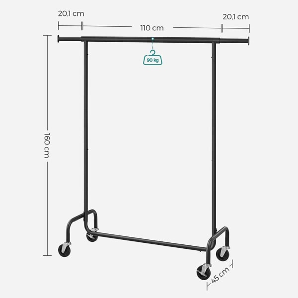 Rootz Tøjstativ - Tøjstativ på hjul - Tøjstativ - Knagestativ - Stående tøjstativ - Mat Sort - 45 x (110-150) x 160 cm