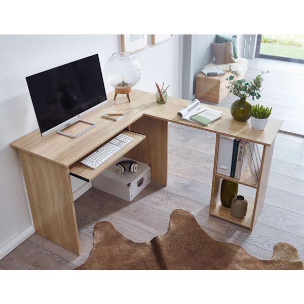 Rootz designskrivbord 140 x 75,5 x 120 cm Sonoma - Skrivbord med hylla arbetsrum hemmakontor bord kontor modernt