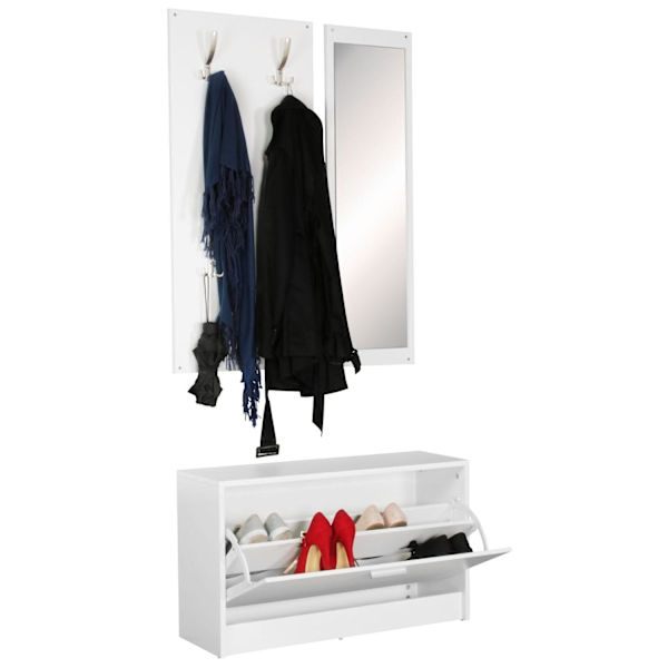 Rootz væghængt garderobe med spejl & skoskab spånplade hvid - Modern Hallway Compact Garderobe til jakker & sko - komplet garderobe
