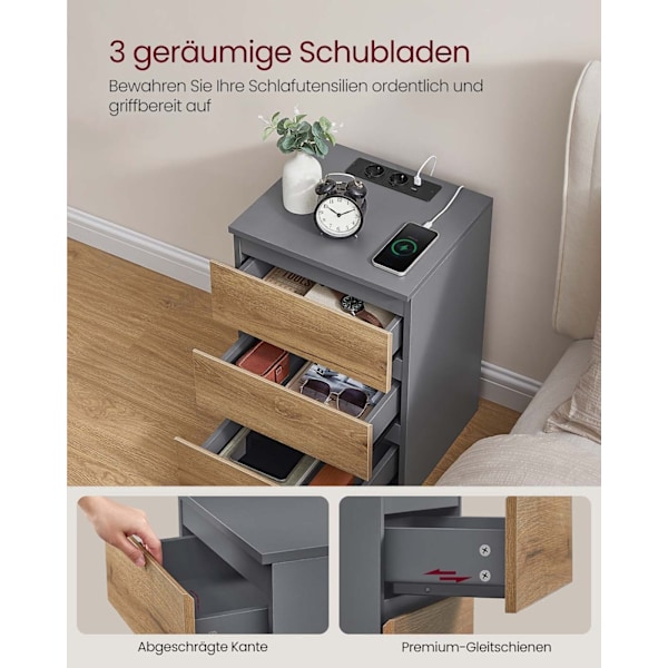 Rootz 2 -stykke sæt Bedside Table - Natbord - Slutbord - Opladestation - Grå, brun - 35 cm x 40 cm x 59 cm