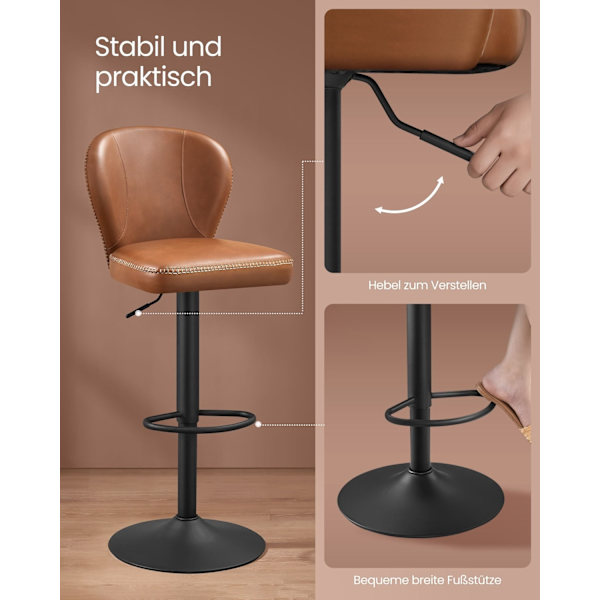 Rootz Set med 2 barstolar - Bänkhöjd pallar - Kökspallar - Stålstomme - PU-läder - 42cm x 49cm x (94-115)cm