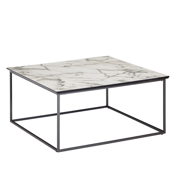 Rootz sofabord firkantet 80x38x80 cm med hvid marmorlook - Stuebord med sort metalstel - Moderne dekorativt bord