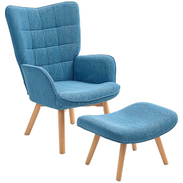 Rootz accentstol med avföring - avslappningsstol - fåtöljuppsättning - Komfort med träben - 72 cm x 80 cm x 101 cm - blå